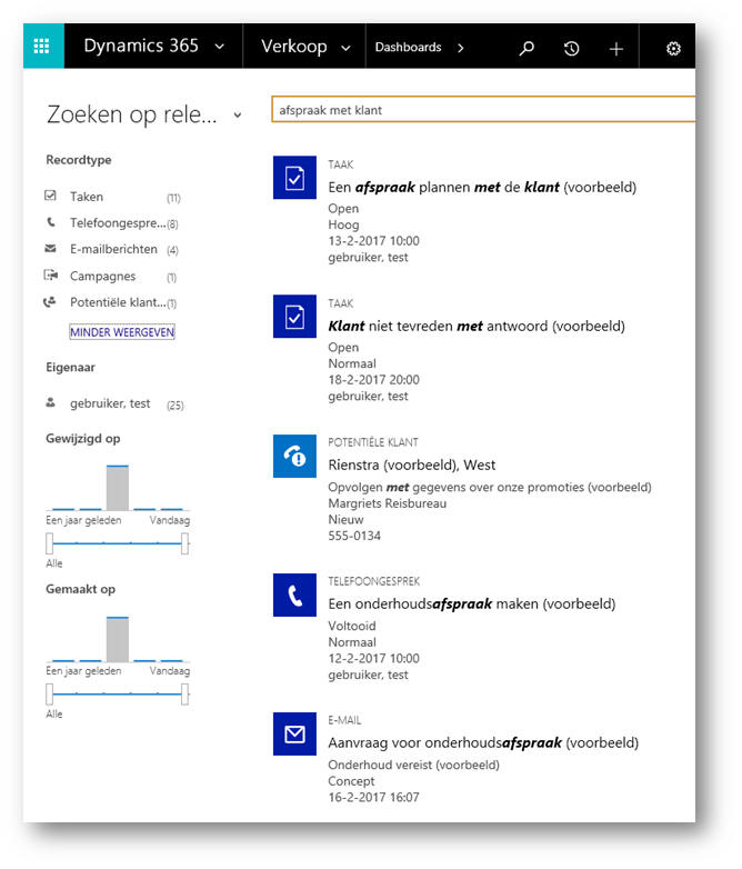 Met Zoeken op relevantie in Microsoft Dynamics 365/CRM