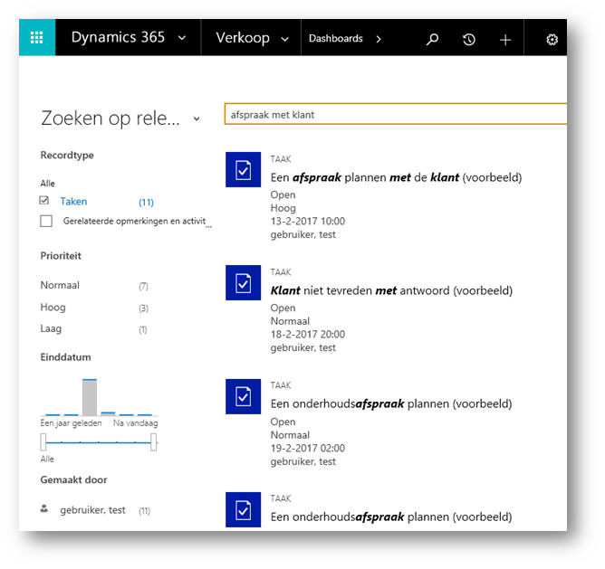 Met Zoeken op relevantie in Microsoft Dynamics 365/CRM