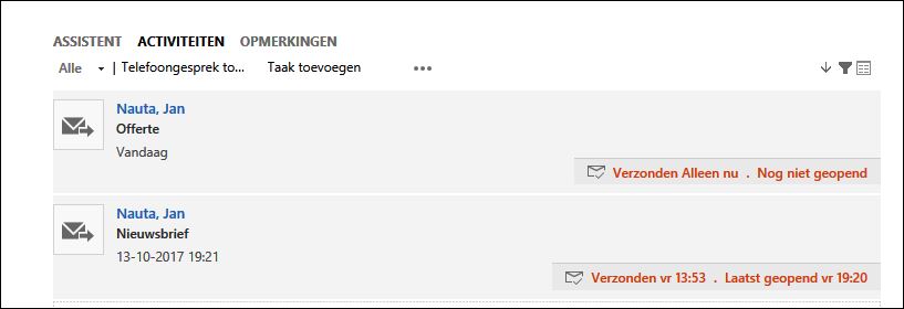 Verzonden e-mails met de interactiestatus in het activiteitenoverzicht van een contactpersoon in Dynamics 365/CRM