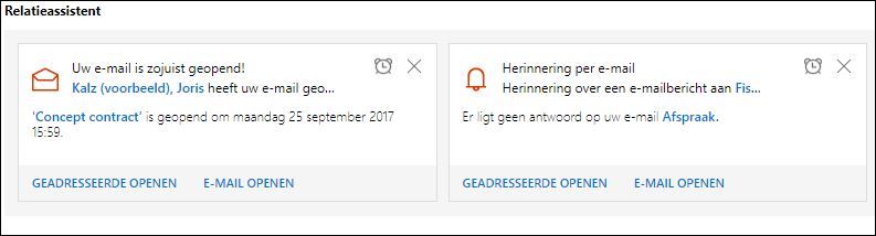 Actiekaarten in het startscherm van Microsoft Dynamics 365/CRM voor geopende e-mails en ingestelde herinneringen.