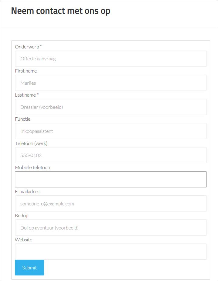 Het Dynamics 365/CRM formulier op de WordPress webpagina