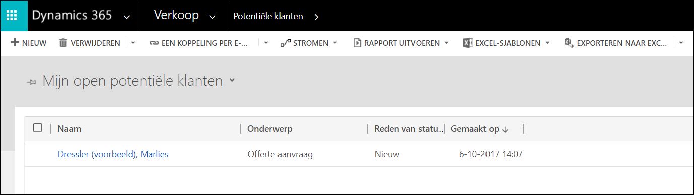 Een potentiële klant is aangemaakt in Dynamics 365/CRM