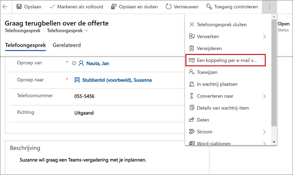 Terugbelverzoek versturen en bewaken in Microsoft 365/CRM software