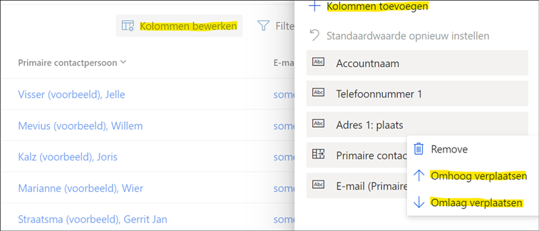 In een weergave kunt u met “Kolommen bewerken” kolommen toevoegen, verwijderen en de volgorder aanpassen.