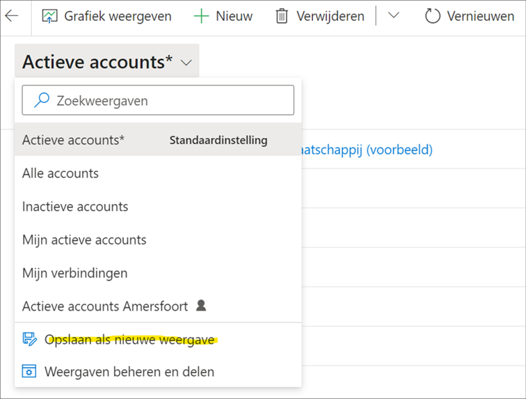 Als in het beheercentrum de functie ”Modern geavanceerd zoeken in modelgestuurde apps” is ingeschakeld, dan ziet u “Opslaan als nieuwe weergave” in de weergavekiezer.