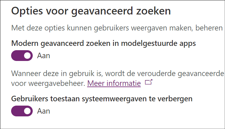 Modern geavanceerd zoeken in modelgestuurde apps en Gebruikers toestaan systeemweergaven te verbergen